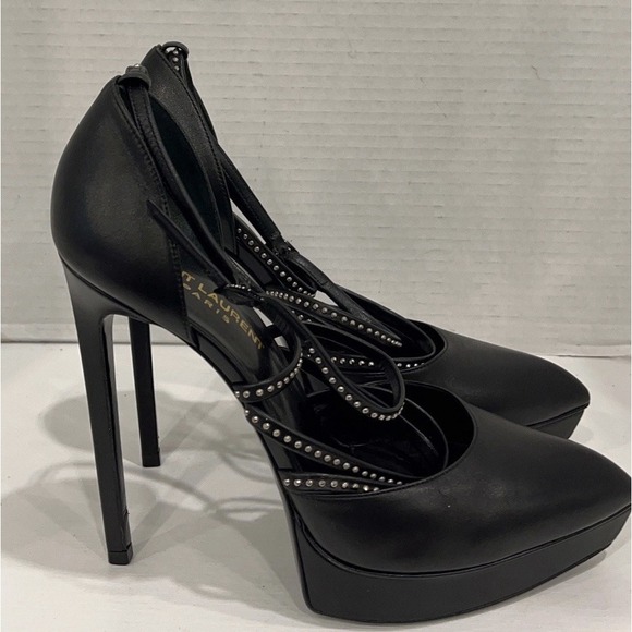 Saint Laurent Paris Black Leather Platform Stiletto Pumps Size EU 38 Italy Heels - Picture 3 of 16